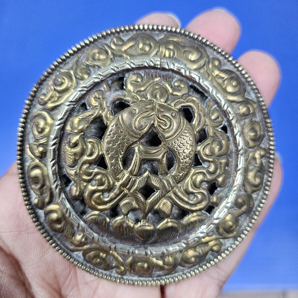 Vintage Bohemian Gypsy Aged Brass Medallion Necklace Swirled Glass Bead Strand - Picture 13 of 13
